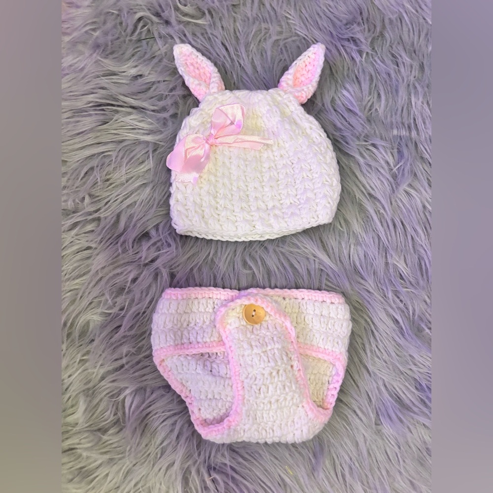 Adorable White and Pink Crochet Baby Hat & Diaper Cover Easter Bunny photo prop